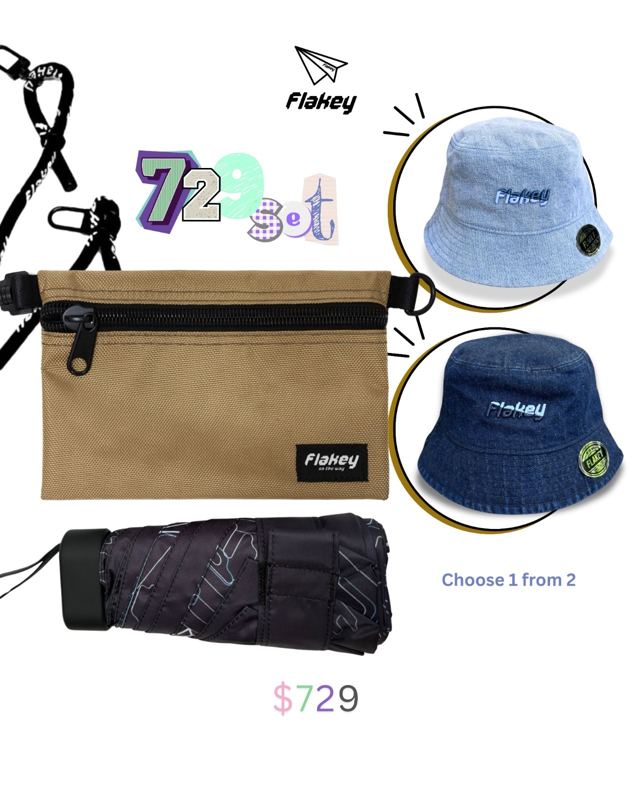 729 Snow-Washed Collection (Flakey Umbrella + Brown Pouch + Bucket Hat) Set 9
