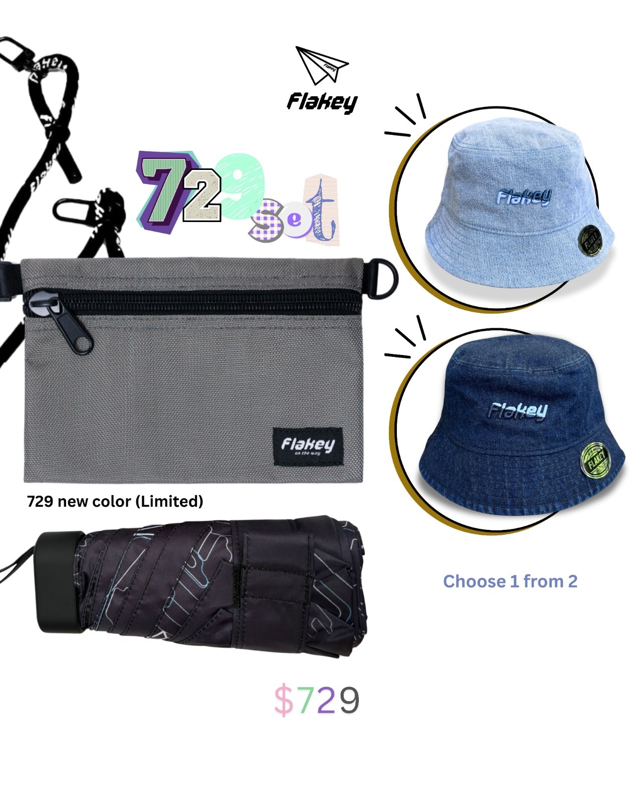 729 Snow-Washed Collection (Flakey Umbrella + Grey Pouch + Bucket Hat) Set 10