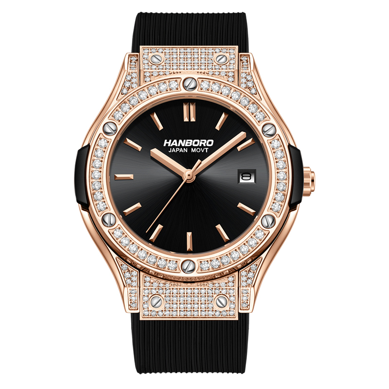 【Hanboro 衡寶】992G系列 滿鑽 日期顯示 夜光 矽膠錶帶 石英 手錶