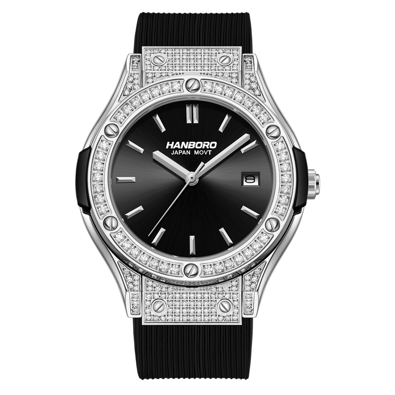 【Hanboro 衡寶】992G系列 滿鑽 日期顯示 夜光 矽膠錶帶 石英 手錶