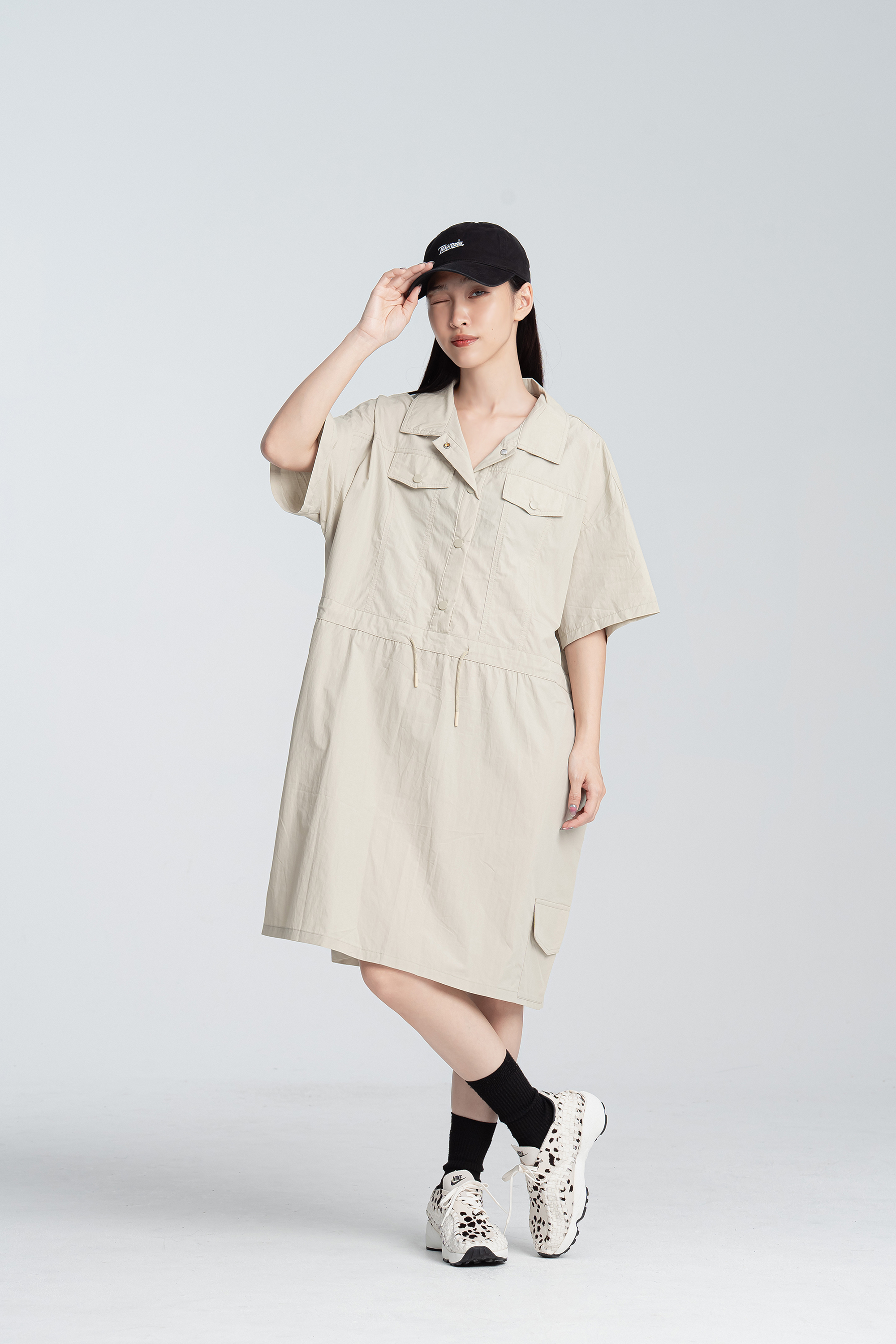 工裝女孩素面翻領洋裝裙 3色