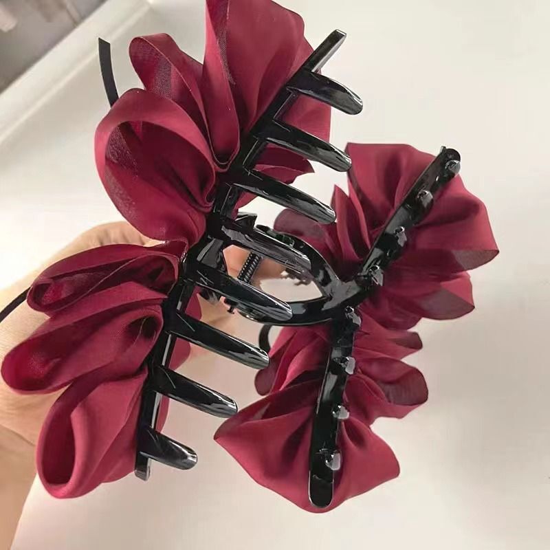 Ruffled Bow Hair Claw with Heart Rhinestone