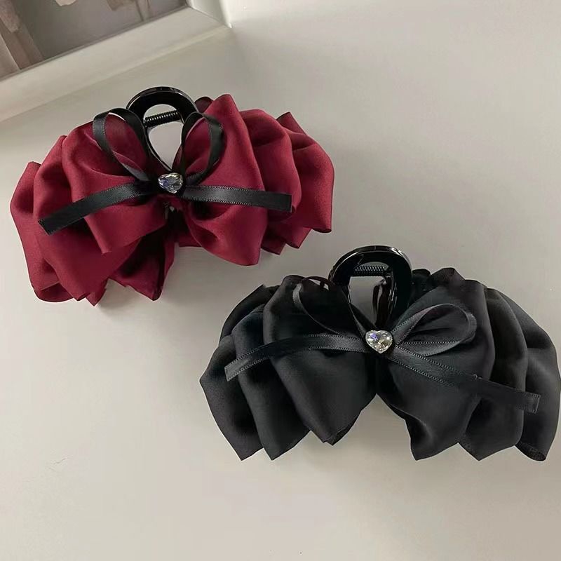 Ruffled Bow Hair Claw with Heart Rhinestone