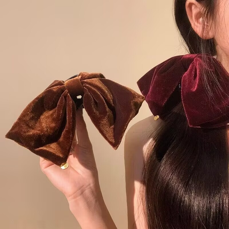 Velvet Bow Ponytail Clip with Gold Tag
