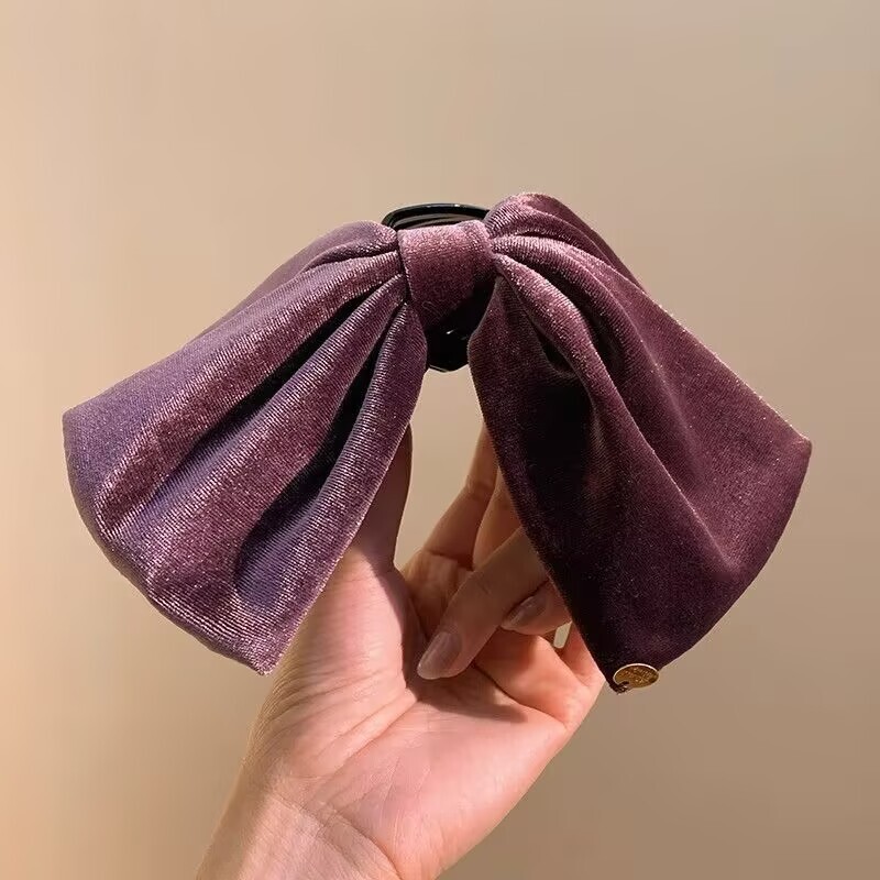 Velvet Bow Ponytail Clip with Gold Tag
