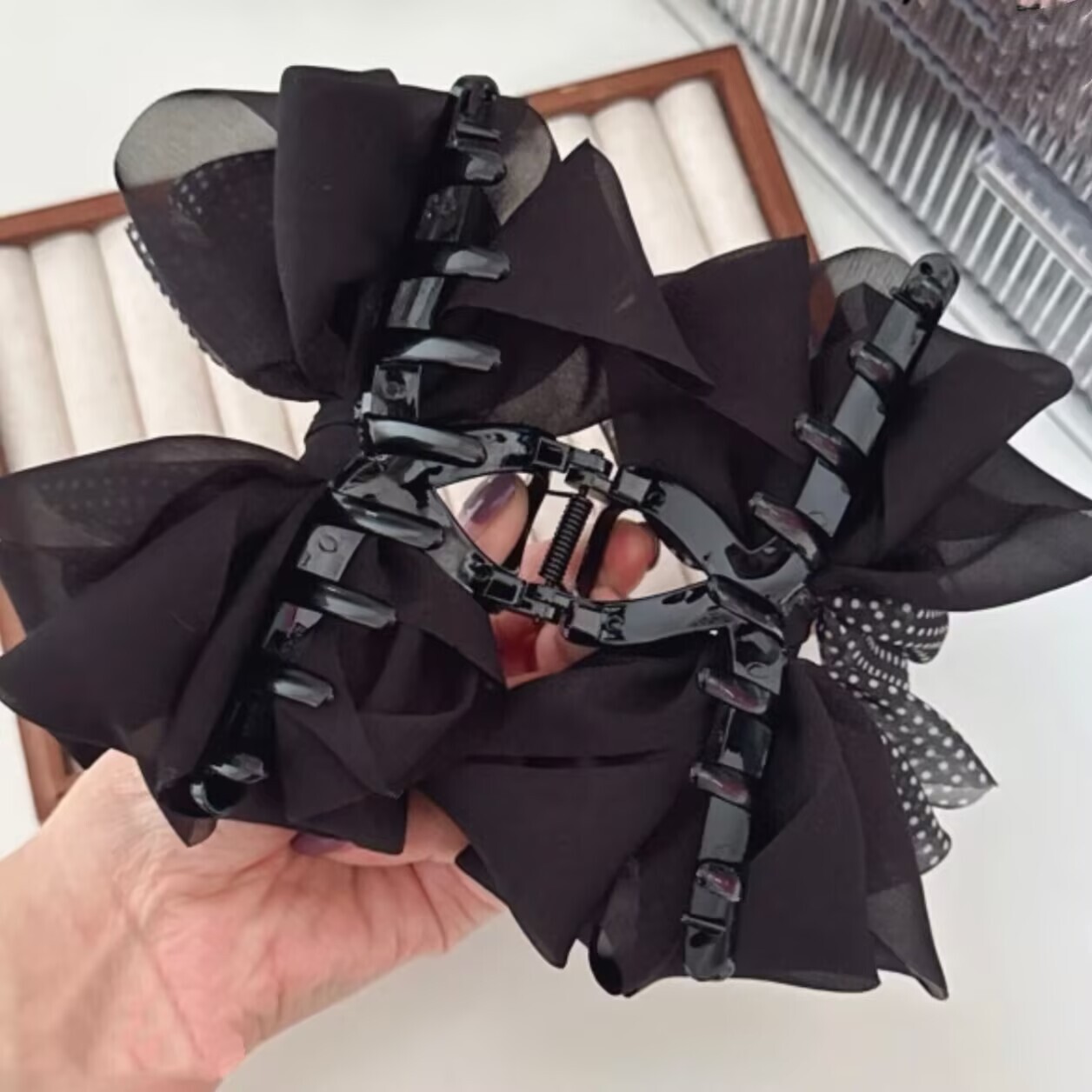 French Vintage Mesh Polka Dot Bow Hair Claw