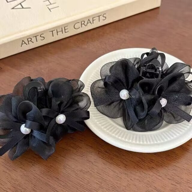 Elegant Mesh Flower Pearl Bow Small Hair Claw