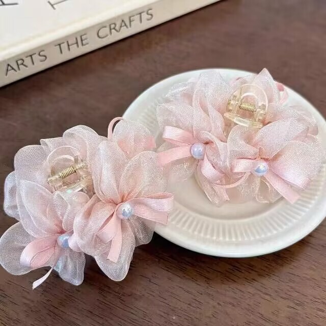 Elegant Mesh Flower Pearl Bow Small Hair Claw