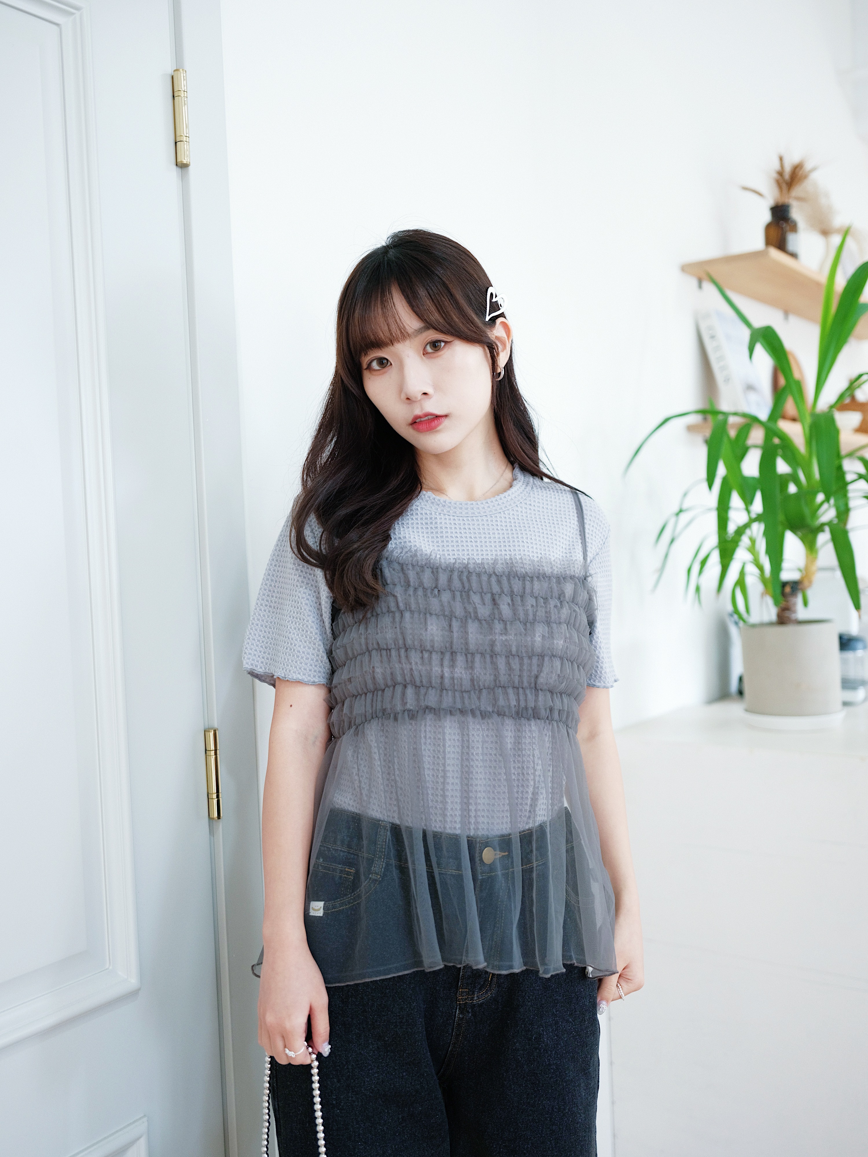 三色 / 多層荷葉網紗馬甲 / Frill-Trimmed Layered Sheer Cami Top