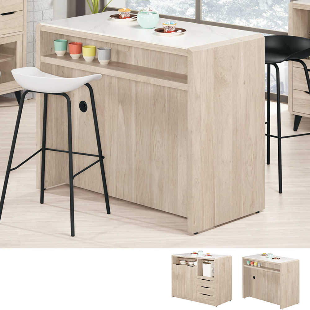 波恩4尺中島型岩板吧台桌+拉盤電器收納餐櫃/多功能餐桌櫃組合