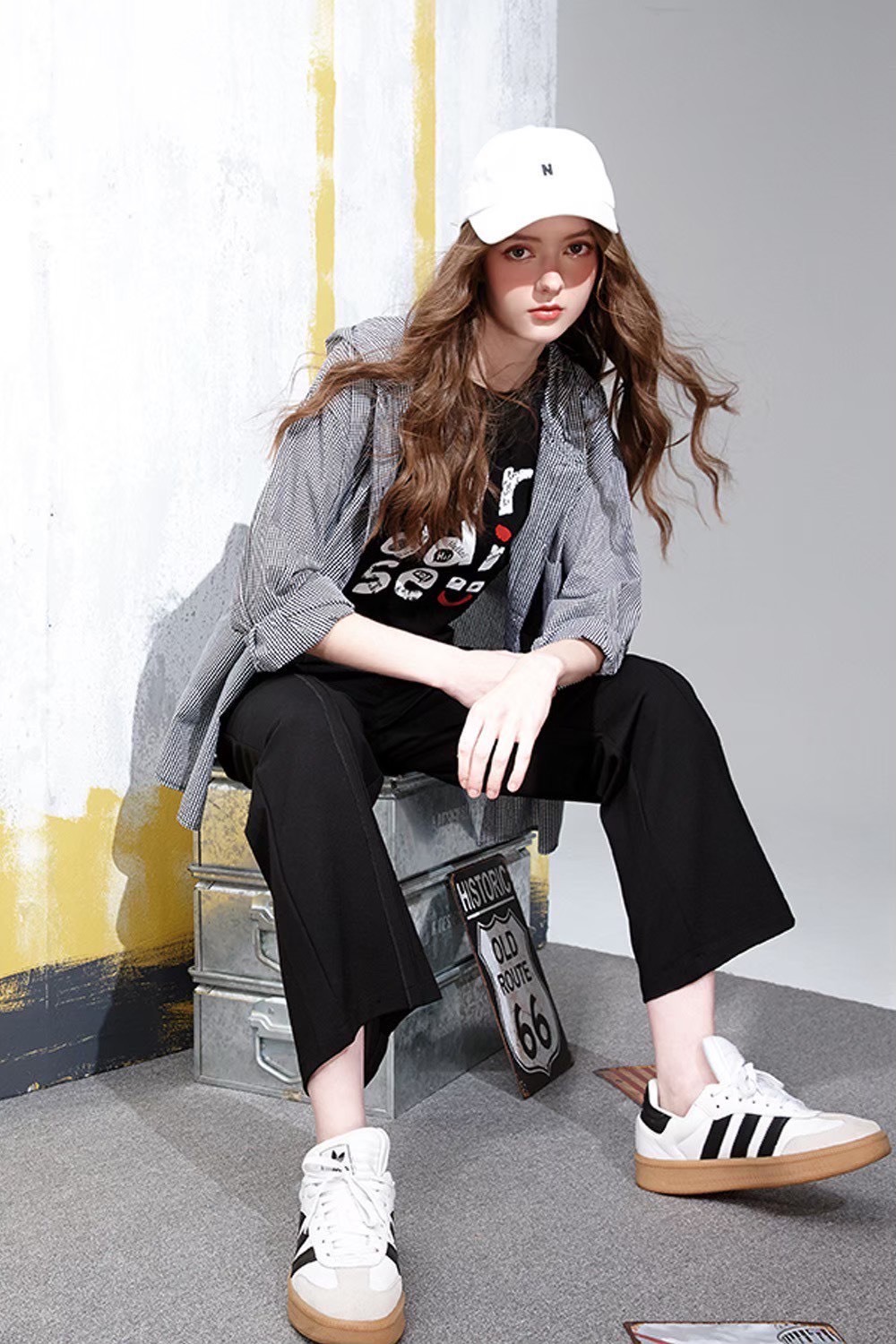 韓版時尚運動休閒風拼接羅紋腰頭修身顯瘦闊腿長褲W6631