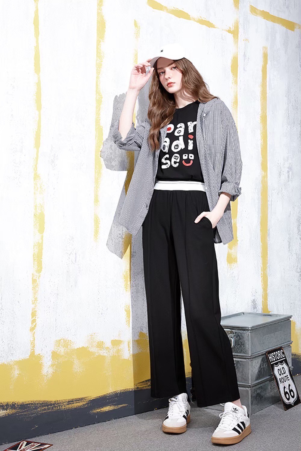 韓版時尚運動休閒風拼接羅紋腰頭修身顯瘦闊腿長褲W6631