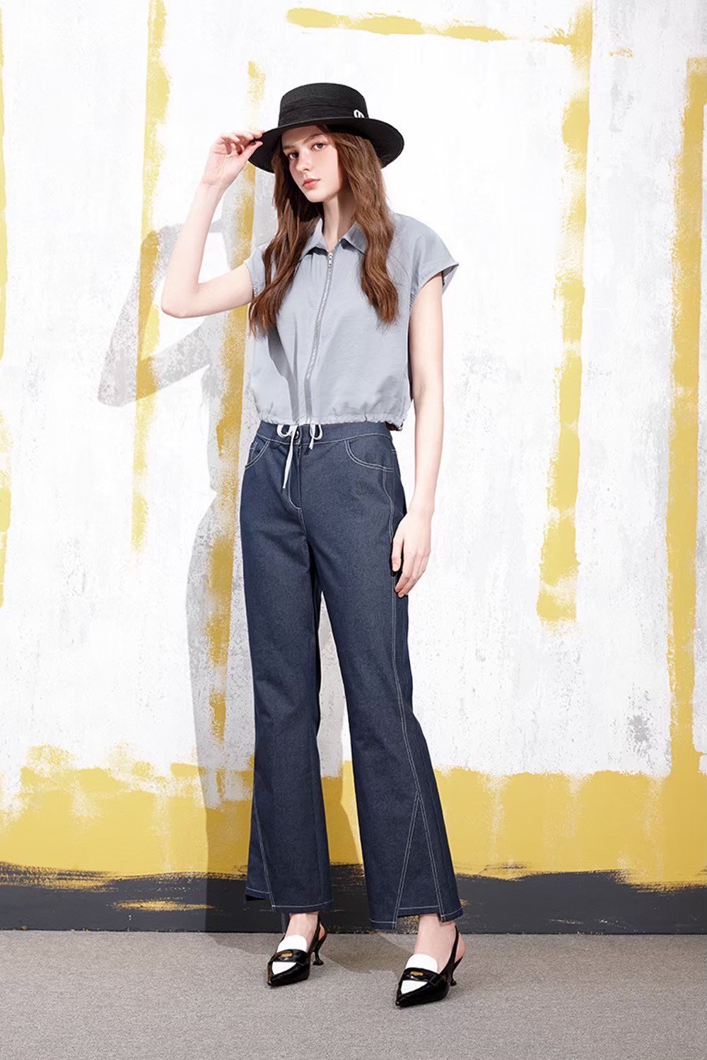 時尚街頭風個性修腿剪裁色線設計顯瘦喇叭牛仔長褲W6522