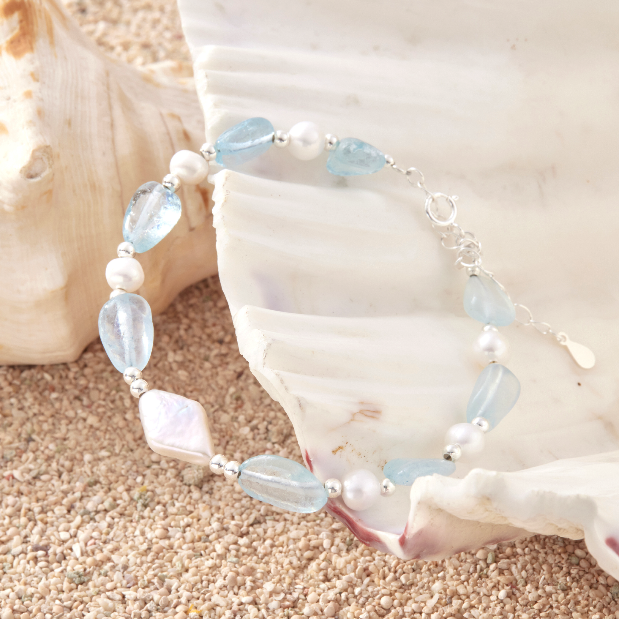 B516 | 純銀海藍寶淡水珍珠手鏈