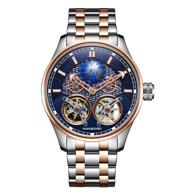 【Hanboro 衡寶】星空雙飛輪系列 8821星空錶盤地球儀日曆 雙飛輪鏤空面盤 雙色不鏽鋼 夜光 機械 手錶