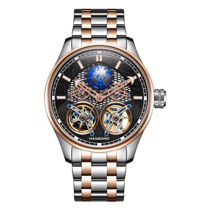 【Hanboro 衡寶】星空雙飛輪系列 8821星空錶盤地球儀日曆 雙飛輪鏤空面盤 雙色不鏽鋼 夜光 機械 手錶