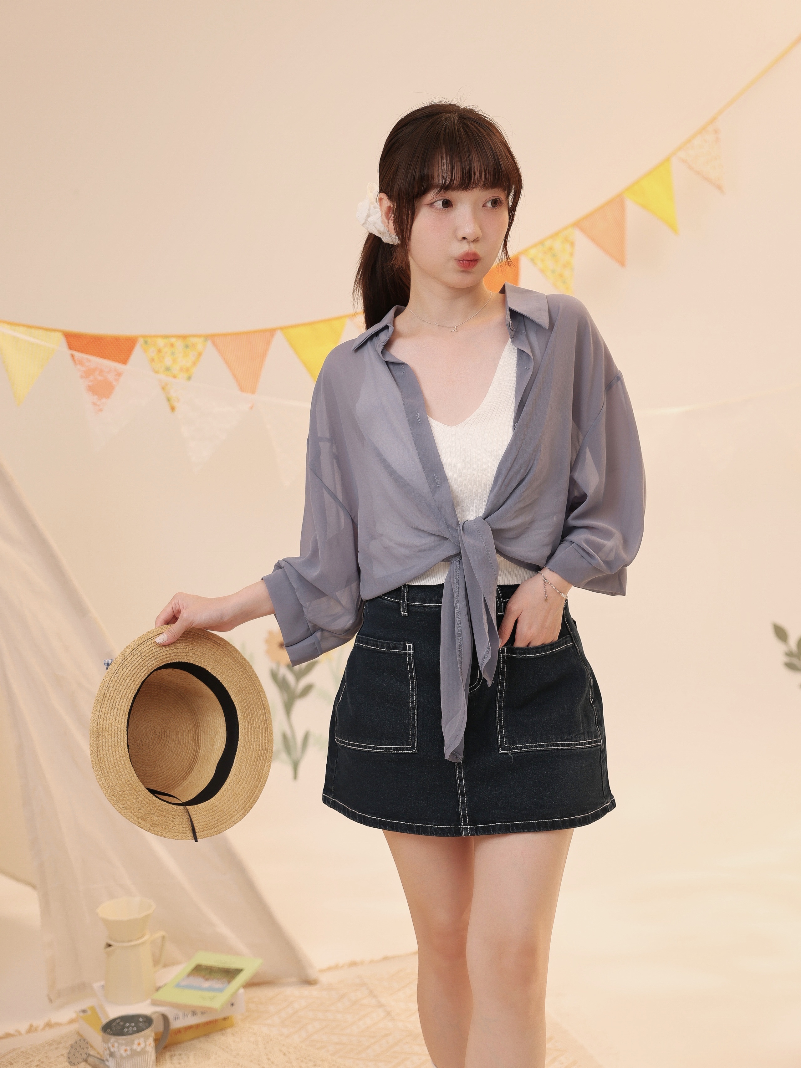 法朵Fado shop｜綁帶透膚衫+背心套裝 976B001