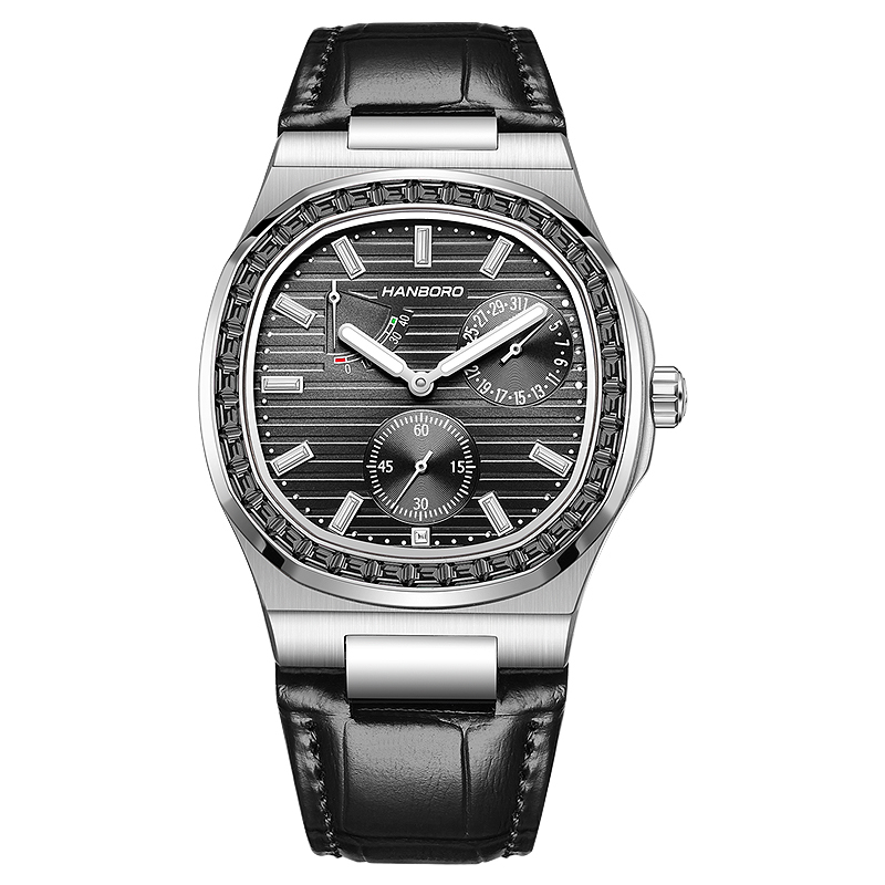 【Hanboro 衡寶】鸚鵡螺系列-8028 三眼 晶鑽錶圈 夜光 皮革錶帶 石英 手錶