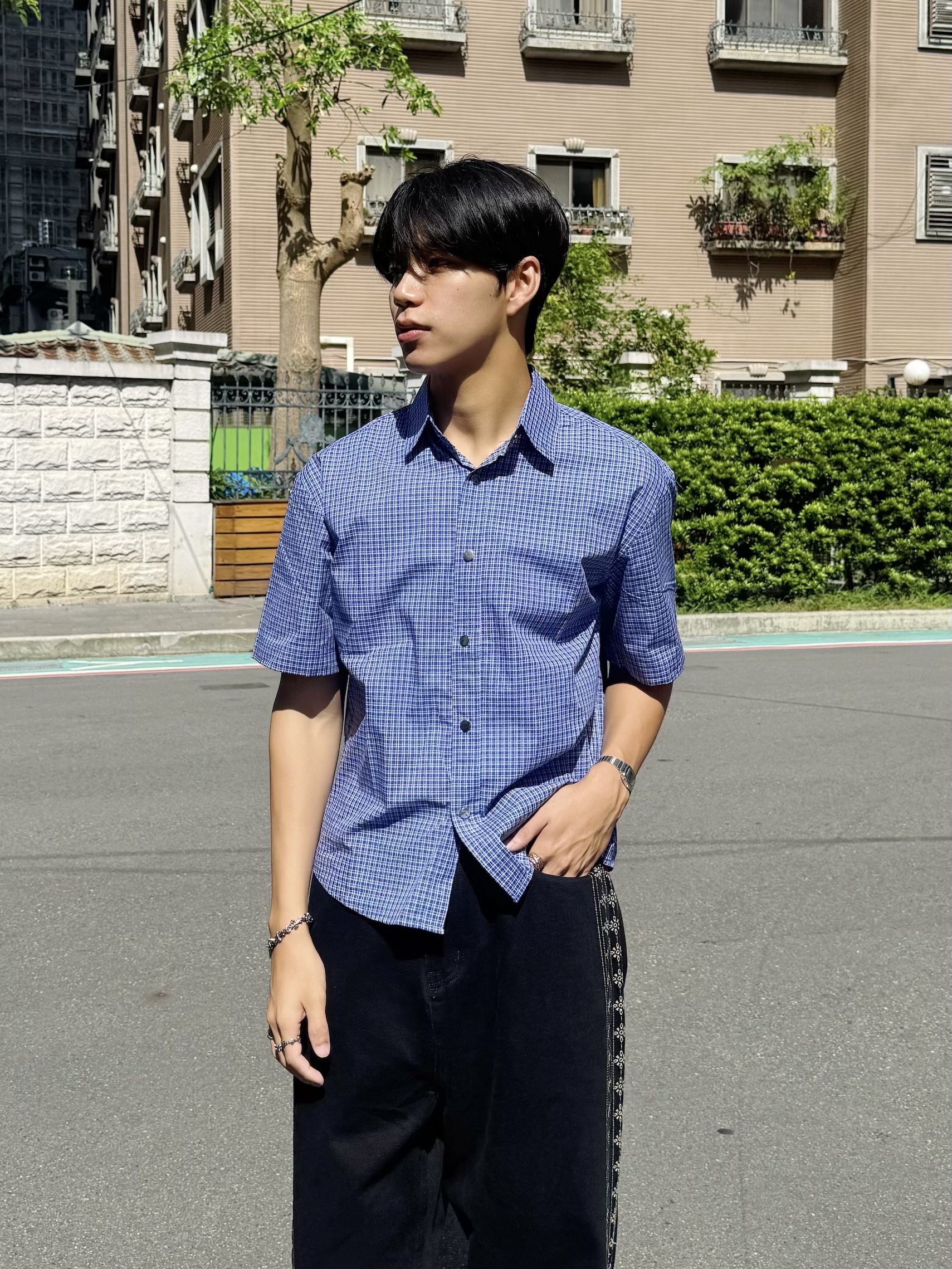 細格紋BOXY 短寬短袖襯衫