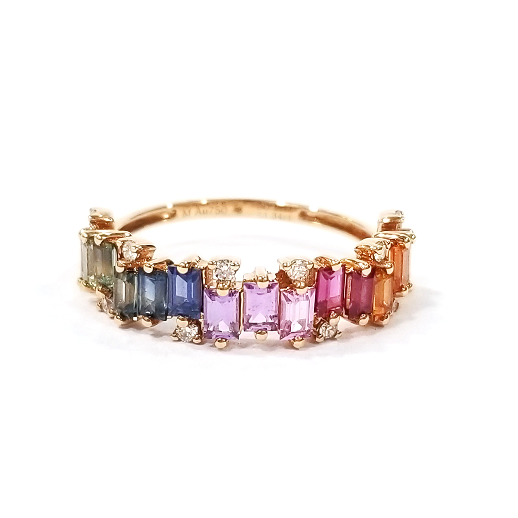 18K玫瑰金天然鑽石彩色藍寶石梯方戒指