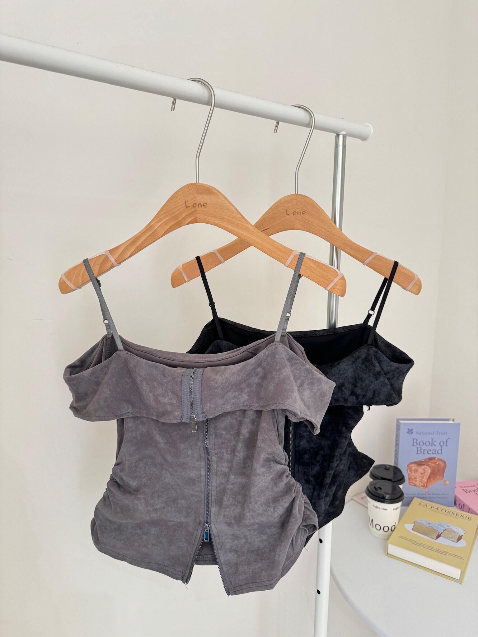 一字領暈染雙拉鏈上衣