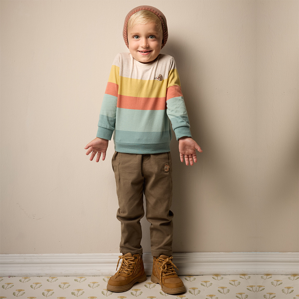 PIPPY 秋葉撞色彩條小刺蝟繡花圓領長袖上衣 綠