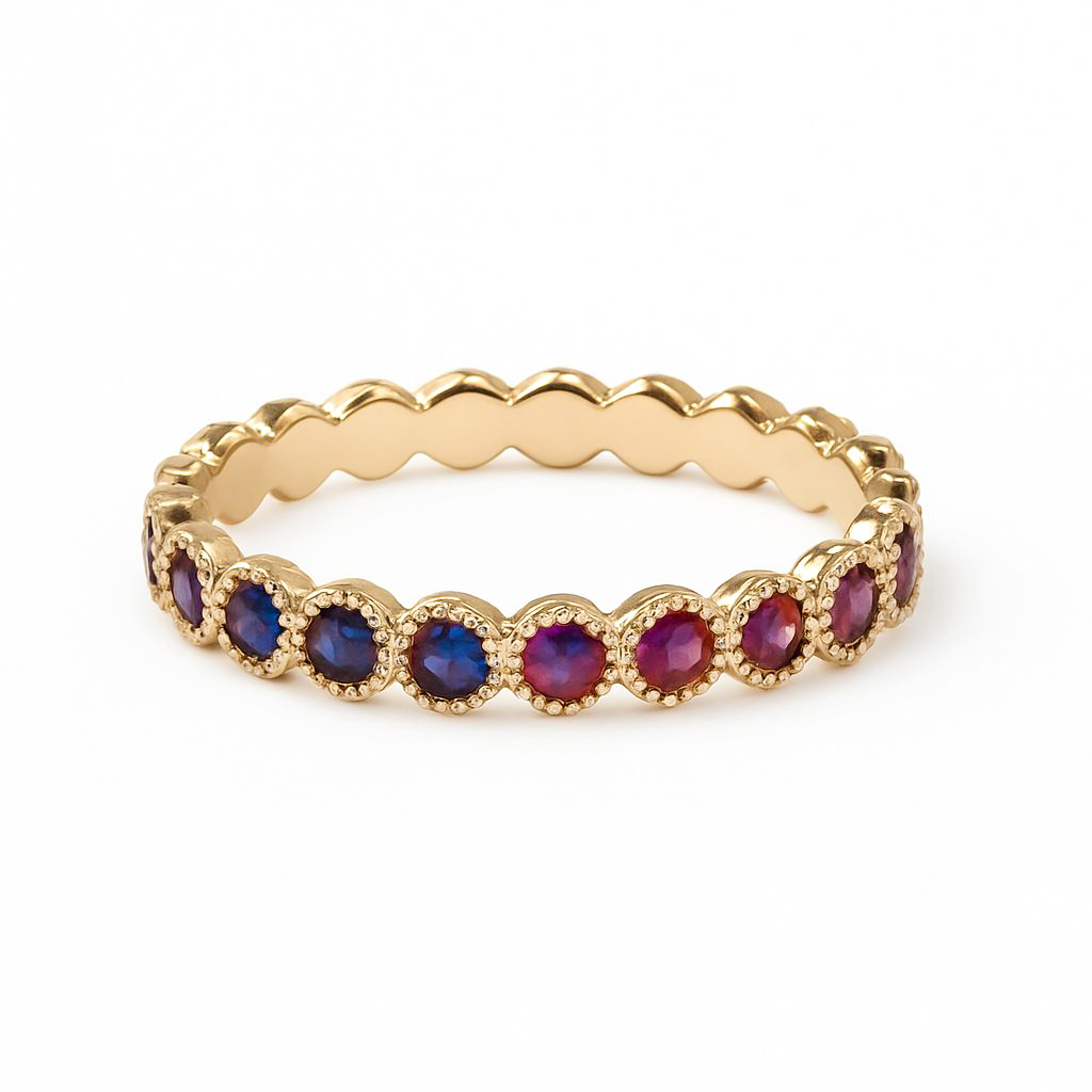 18K玫瑰金全圈珠邊彩色藍寶石戒指