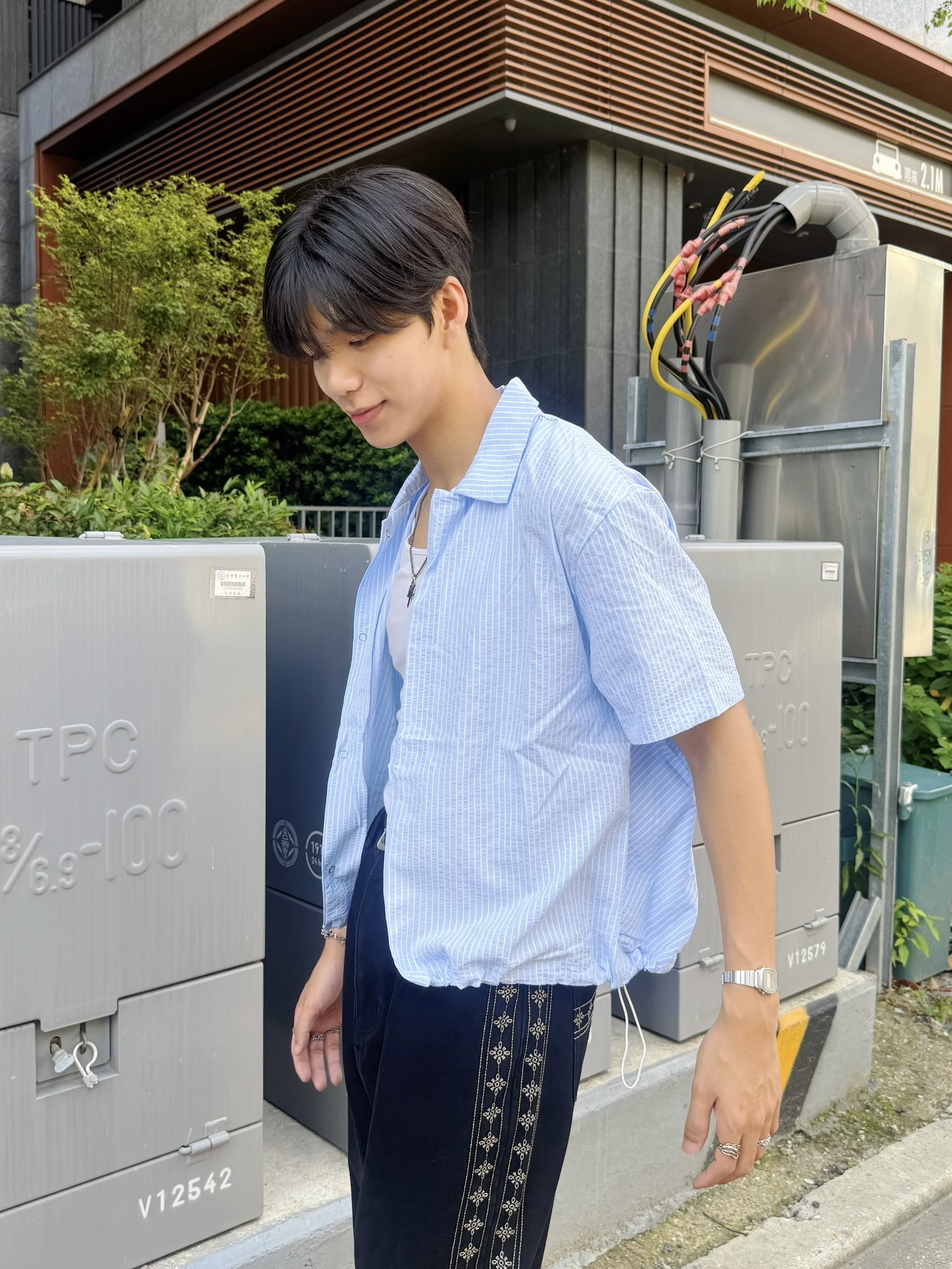 抽繩直條紋BOXY 短寬短袖襯衫