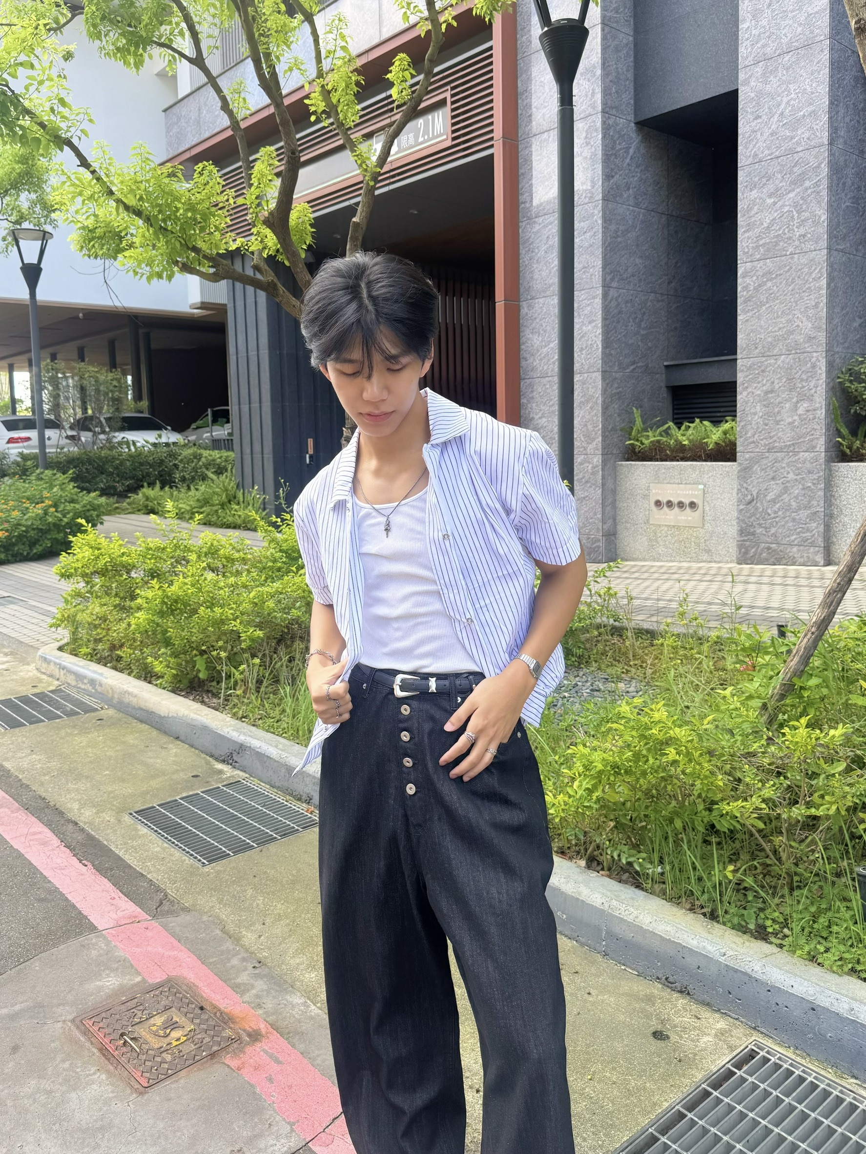 抽繩直條紋BOXY 短寬短袖襯衫