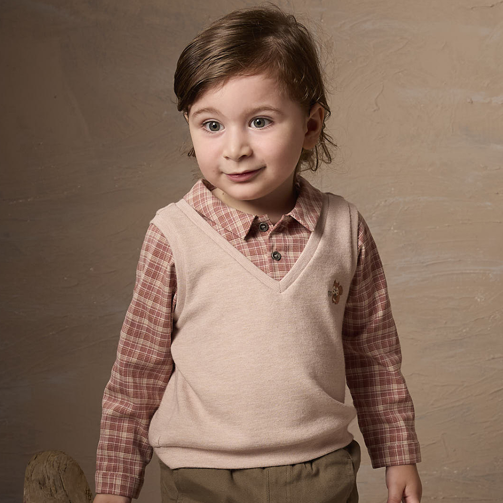 PIPPY 經典格紋假兩件翻領長袖上衣 卡其