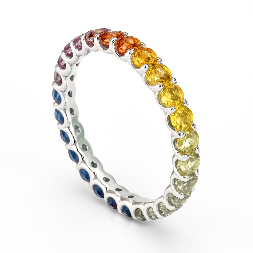 18K白金全圈共爪彩色藍寶石戒指