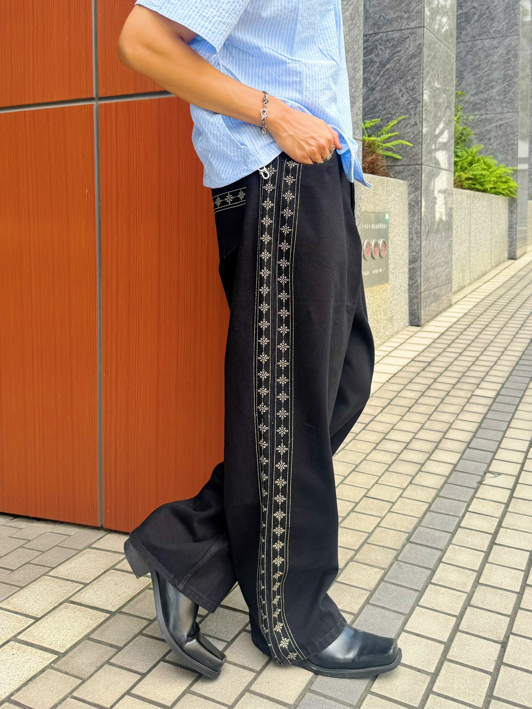 民族風串標牛仔長褲