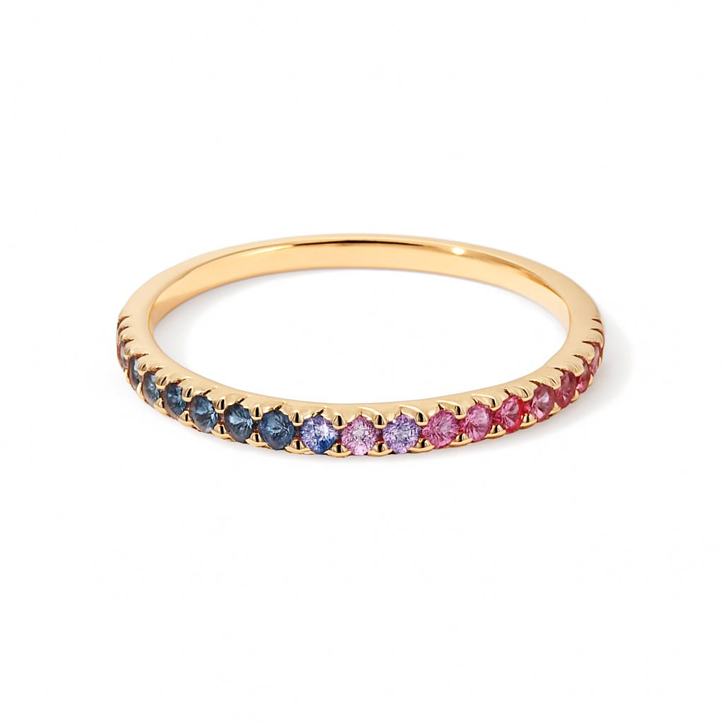 18K玫瑰金半圈彩色藍寶石線戒
