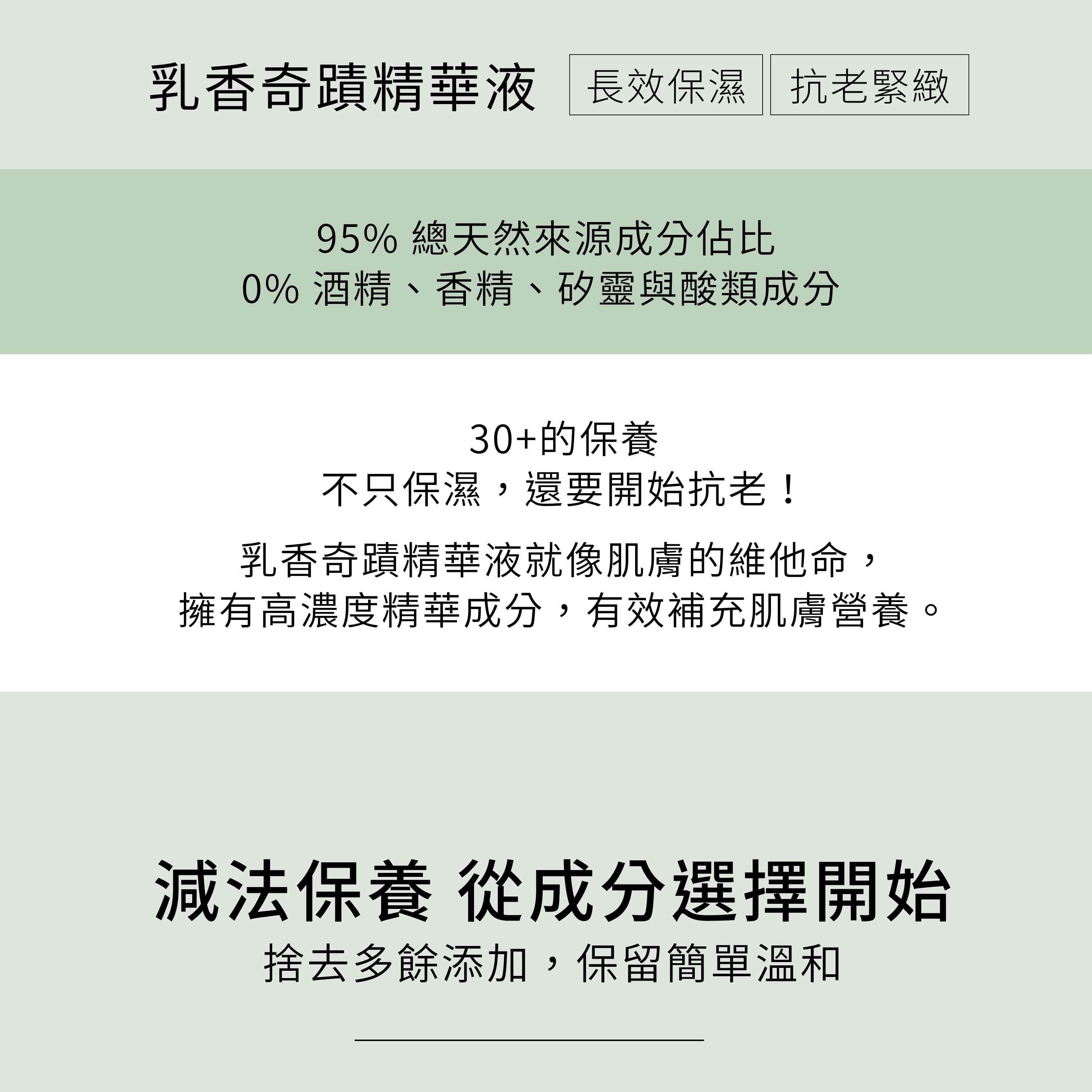 乳香奇蹟精華液含95%天然來源成分,無香精、酒精、矽靈與酸類成分,溫和親膚不刺激