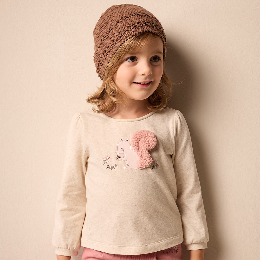 PIPPY 立體小松鼠尾巴圓領彈性棉長袖上衣 米