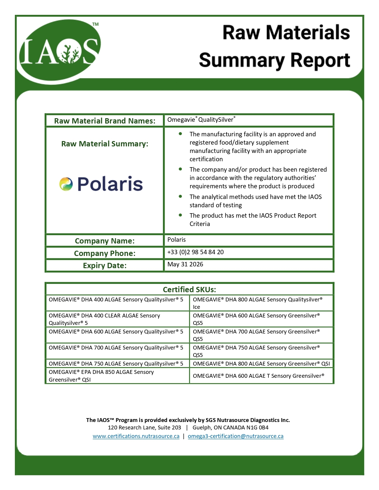 法國Polaris的IAOS認證資格