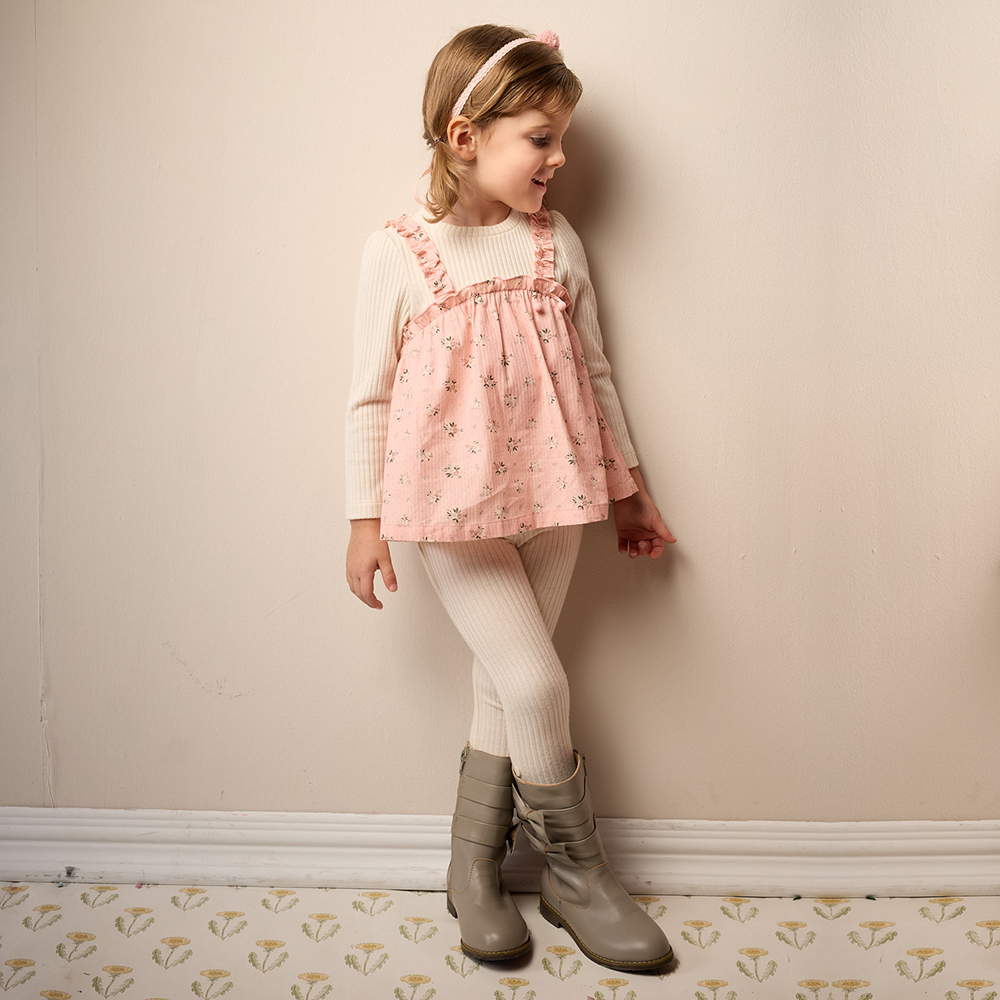 PIPPY 典雅碎花吊帶假兩件圓領長袖上衣 粉