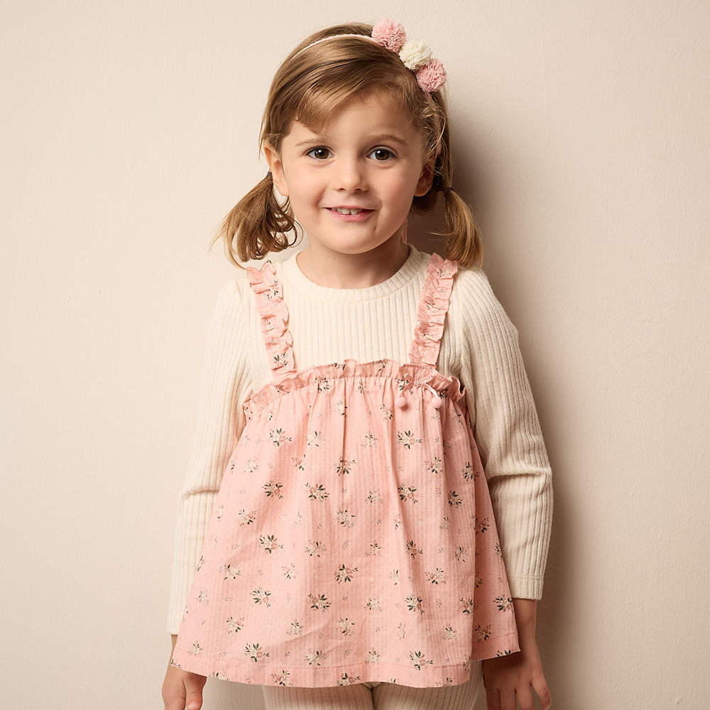 PIPPY 典雅碎花吊帶假兩件圓領長袖上衣 粉