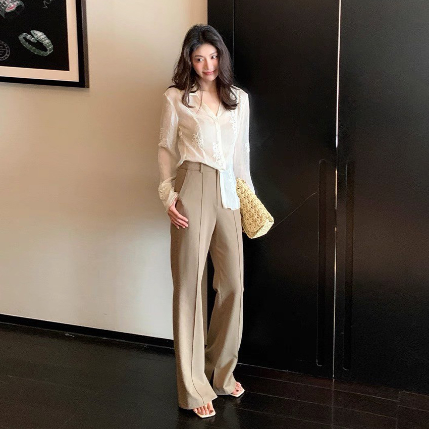 奶茶杏壓中線長腿落地西裝褲長褲-S-XL (Elegant & Love)