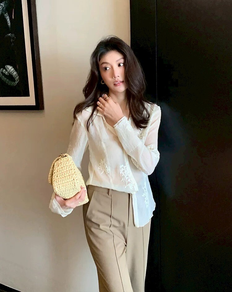 奶茶杏壓中線長腿落地西裝褲長褲-S-XL (Elegant & Love)