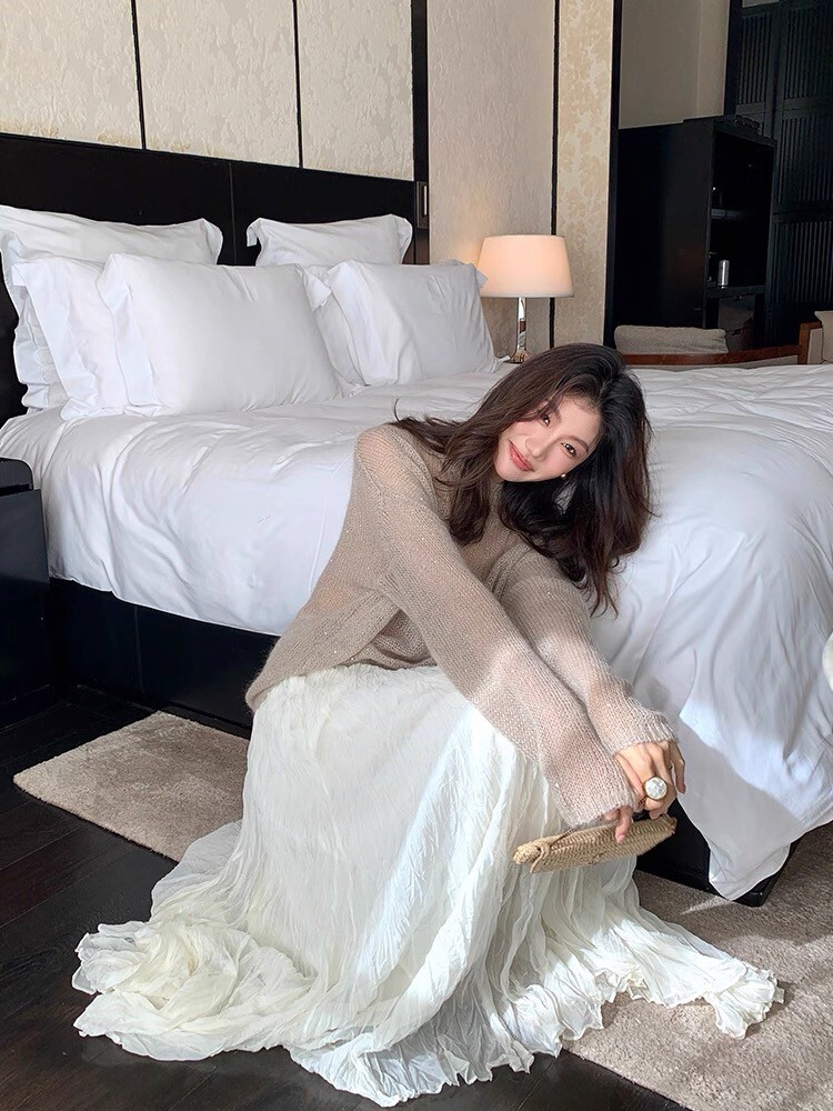 雲朵白仙女氣息皺皺織紋感長裙-S-XL (Elegant & Love)