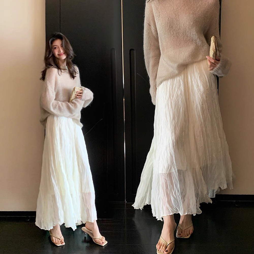 雲朵白仙女氣息皺皺織紋感長裙-S-XL (Elegant & Love)