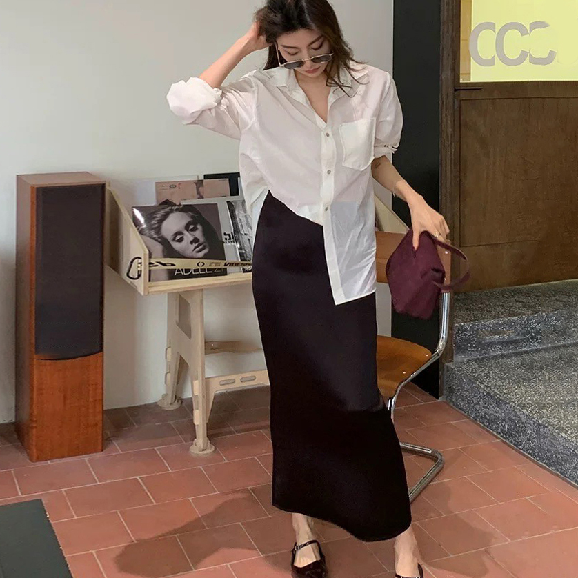 優雅女子微光澤感鉛筆裙長裙-S-XL / 3色 (Elegant & Love)