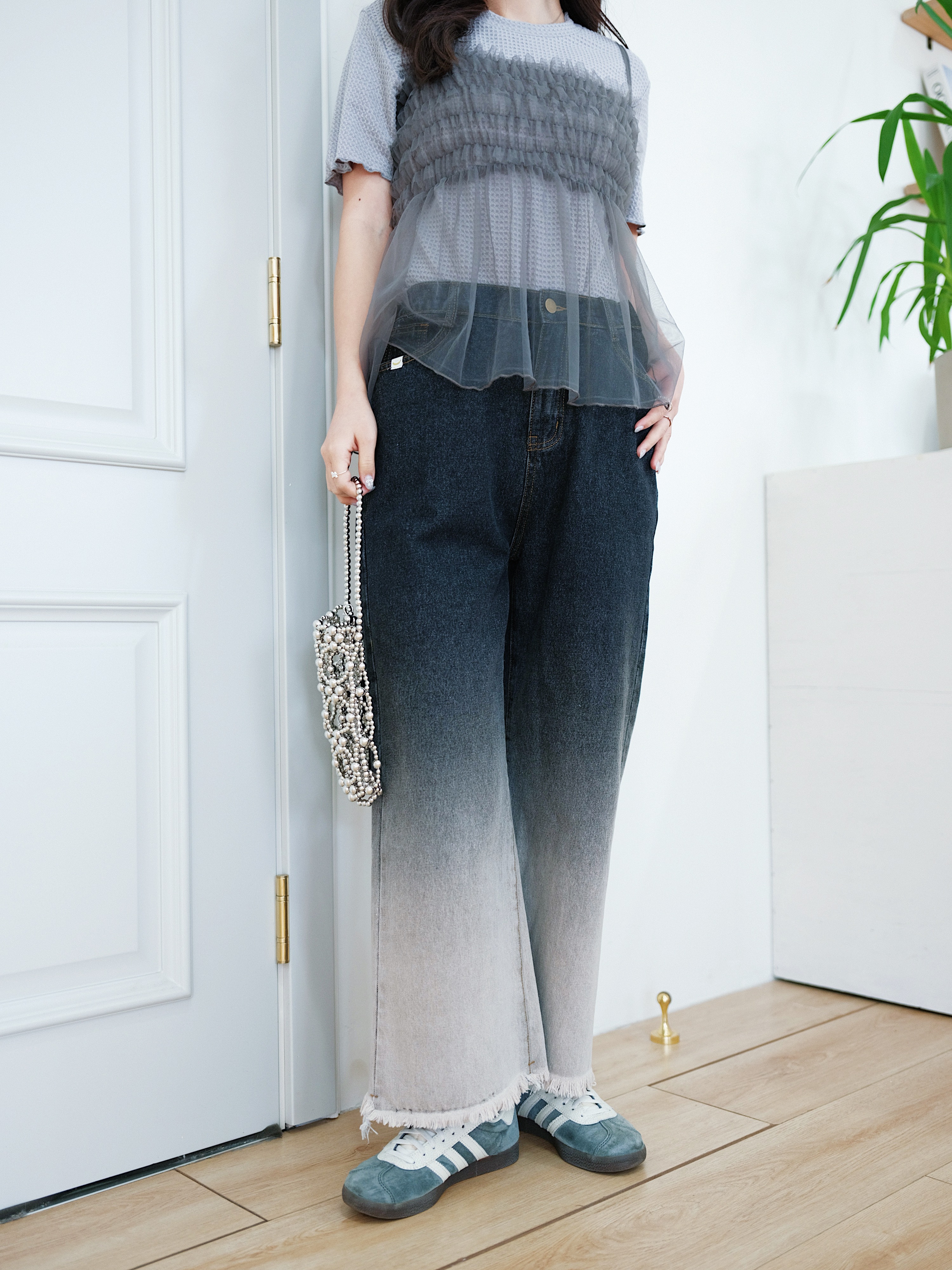 兩色 / 漸變直筒流蘇牛仔長褲 / Gradient Washed Tassels Straight Jeans