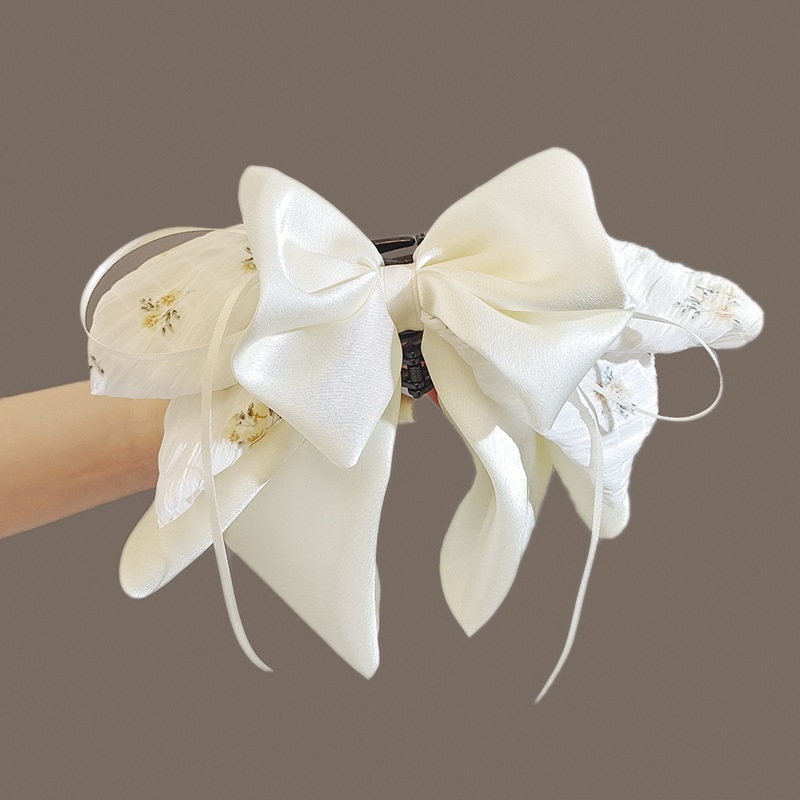 Floral Pleated Satin Bow Ponytail Claw