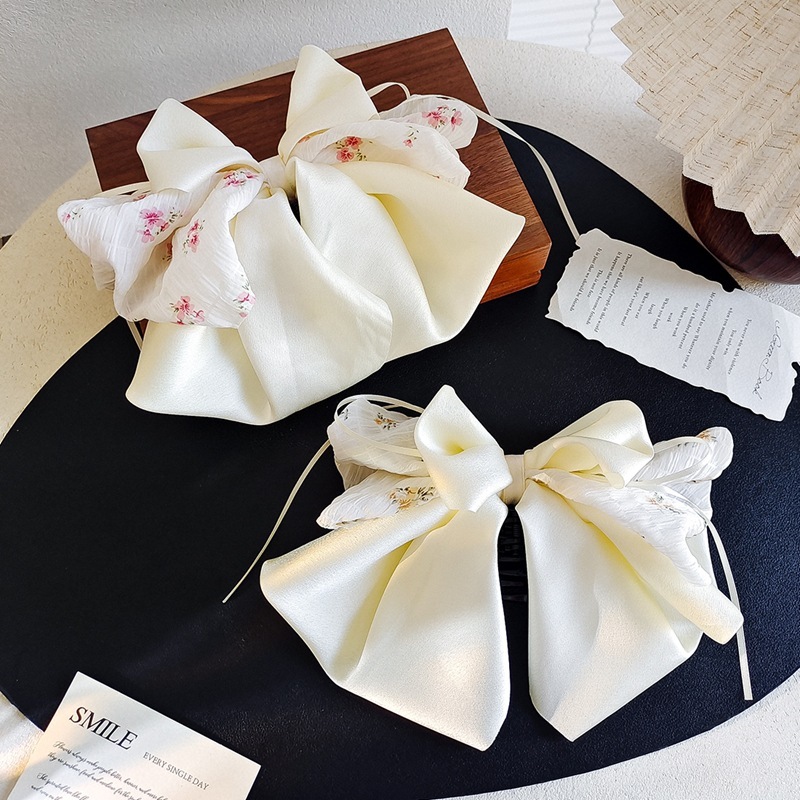 Floral Pleated Satin Bow Ponytail Claw