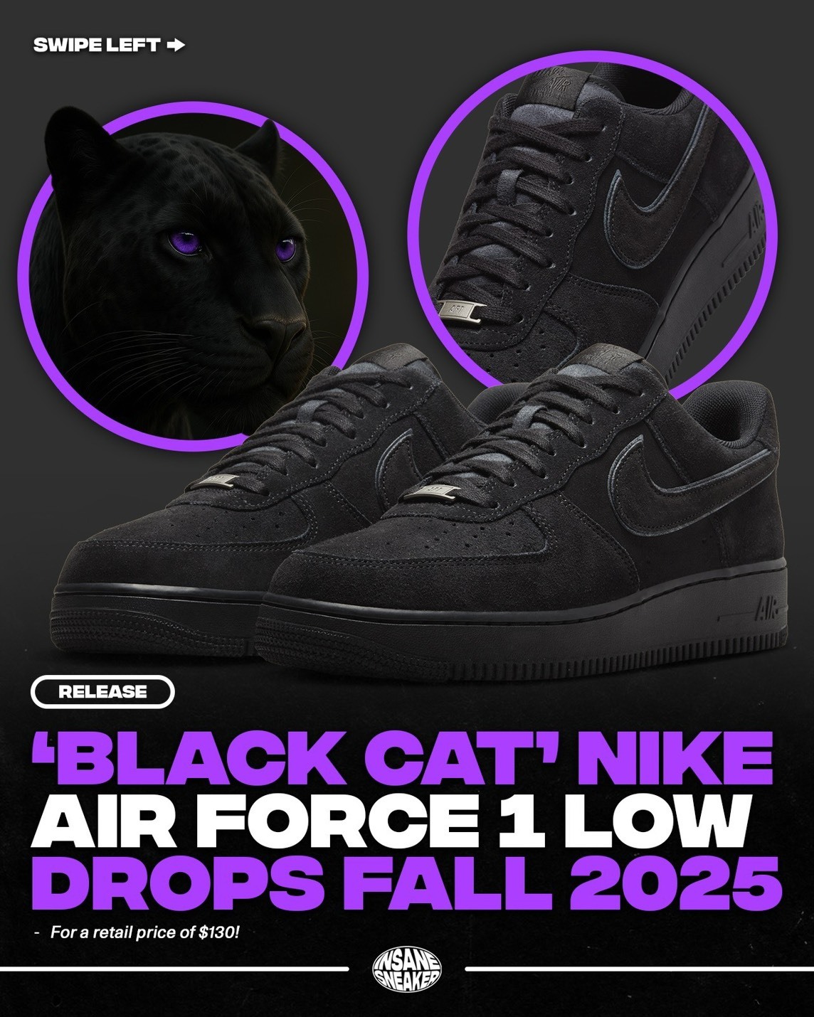 Nike Air Force 1 Low "Black Cat" 黑豹 麂皮 黑色 男女同款 HQ1966-002
