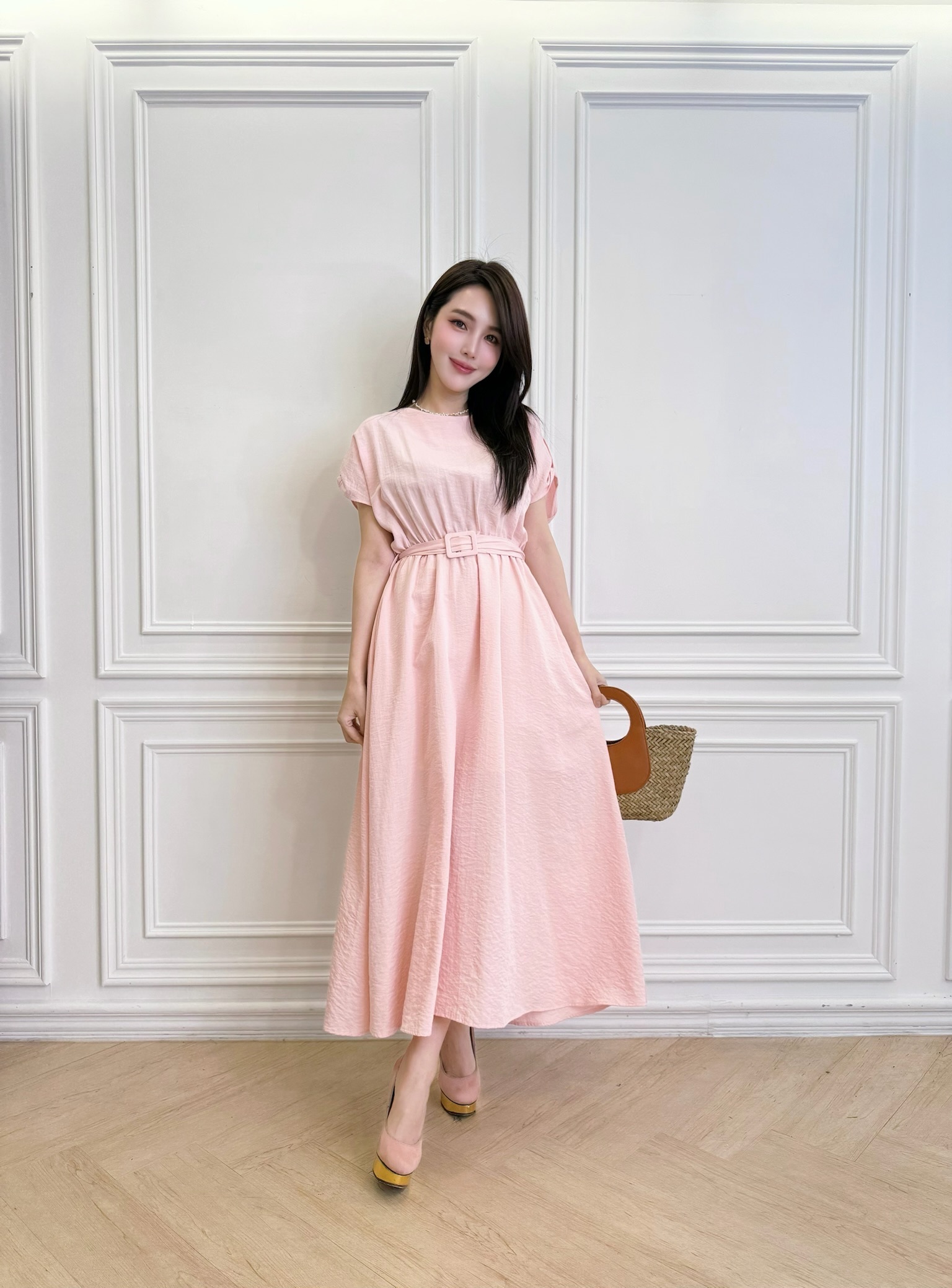 短袖棉麻腰帶傘洋