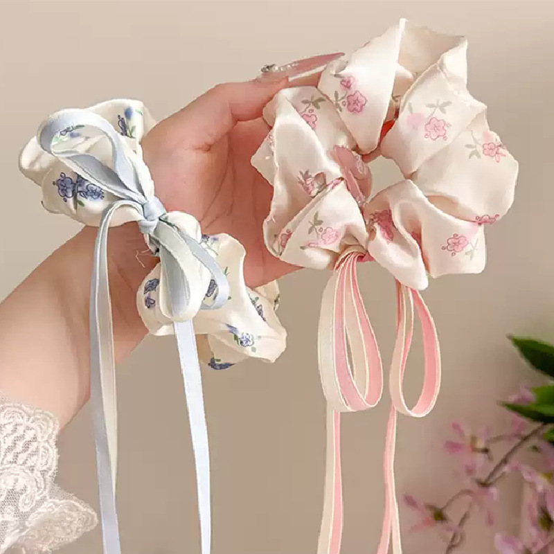[2 FOR RM10] Cream Floral Ribbon Bow Scrunchies