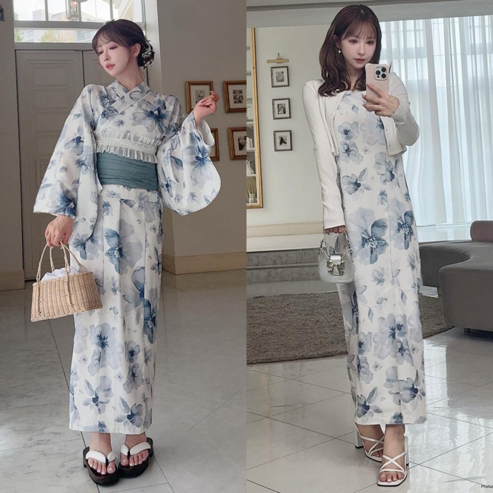 2Way水彩花柄浴衣セット+ 浴衣用スリップ セット 水彩花柄浴衣